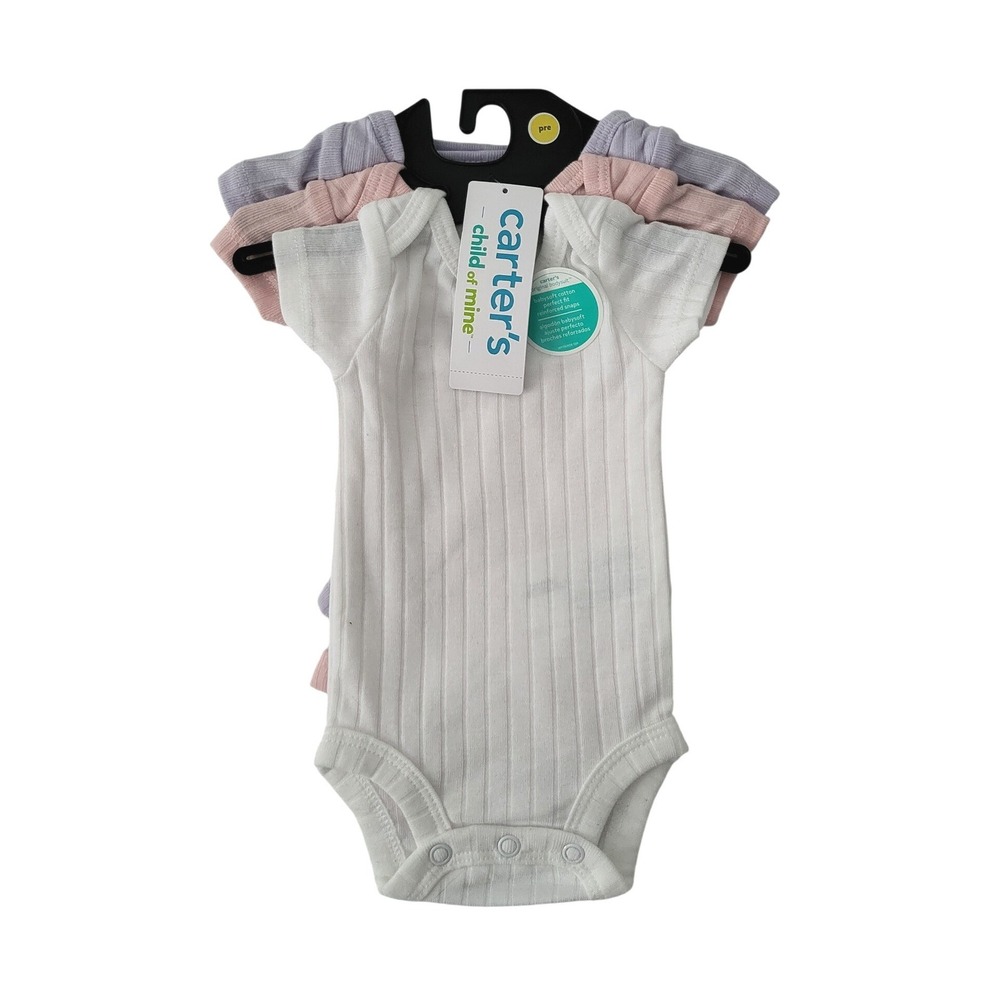 New Carter's Child of Mine Preemie Ribbed Bodysuit 3pc White Pink‎ Purple Nwt